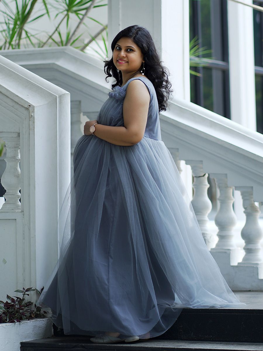 Maternity Baby Shower Plain Net Gown- Ash