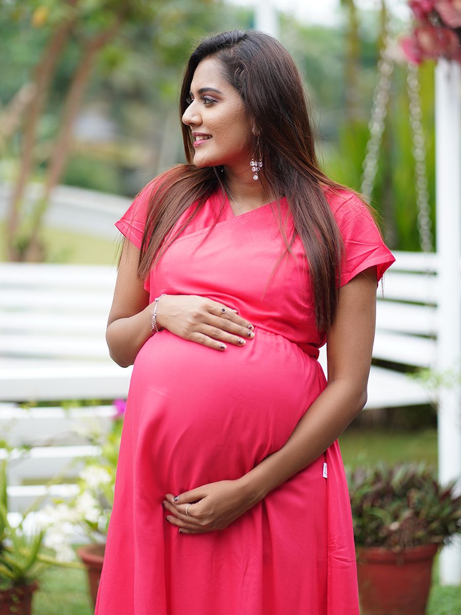 Blush Draped Maternity Sleeveless gown - Red