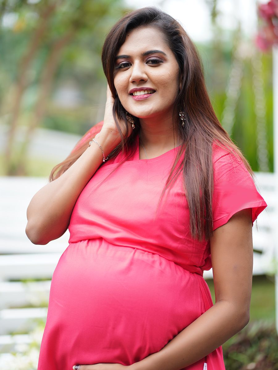 Blush Draped Maternity Sleeveless gown - Red