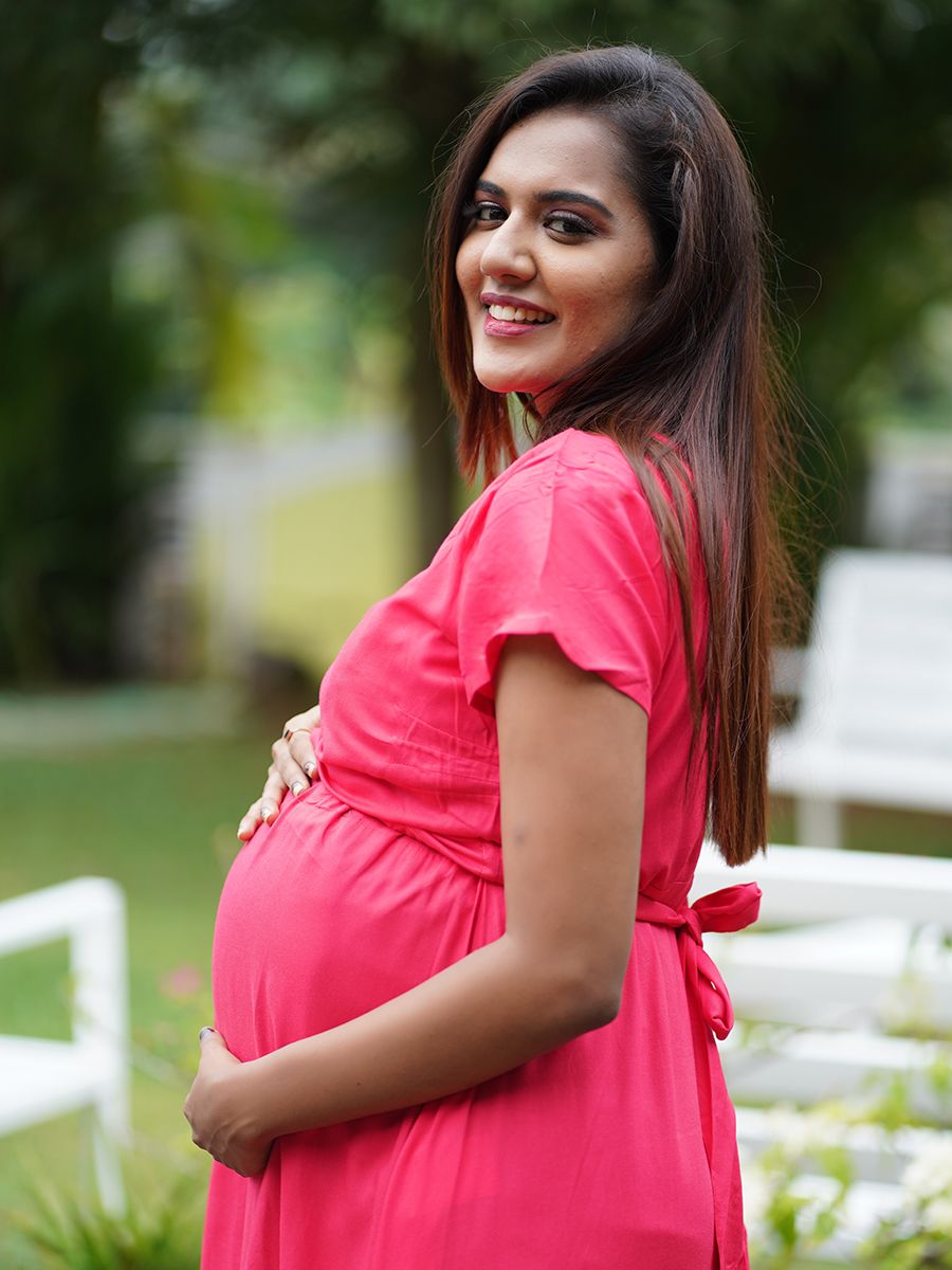 Blush Draped Maternity Sleeveless gown - Red