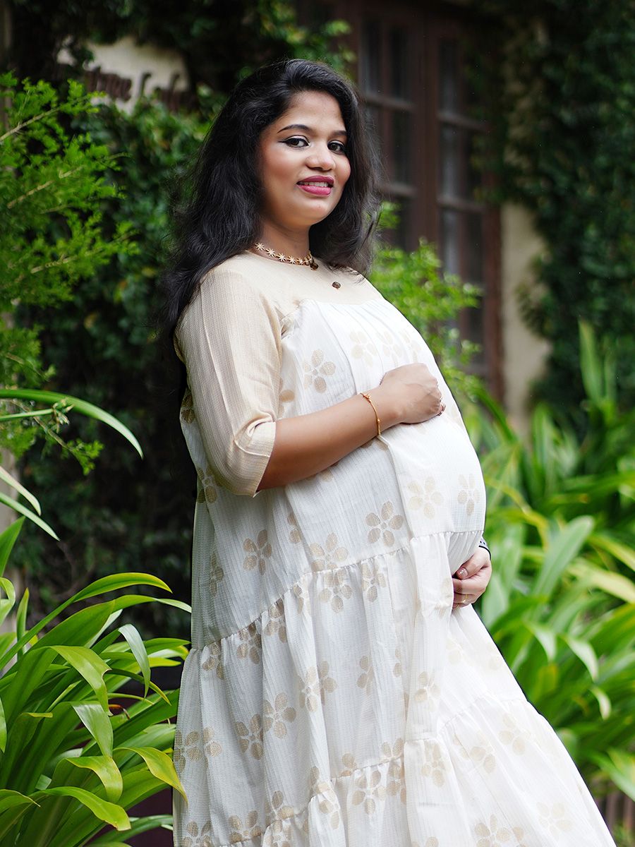 Golden Printed Maternity Short Dress - Onam Ellie Off white 1