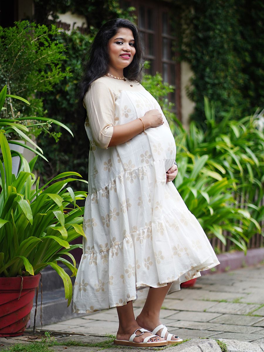 Golden Printed Maternity Short Dress - Onam Ellie Off white 1
