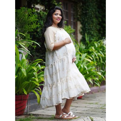 Golden Printed Maternity Short Dress - Ellie Off white 1