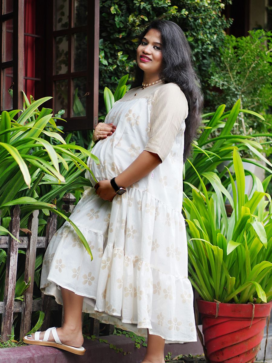 Golden Printed Maternity Short Dress - Onam Ellie Off white 1