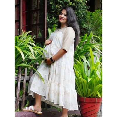 Golden Printed Maternity Short Dress - Ellie Off white 1