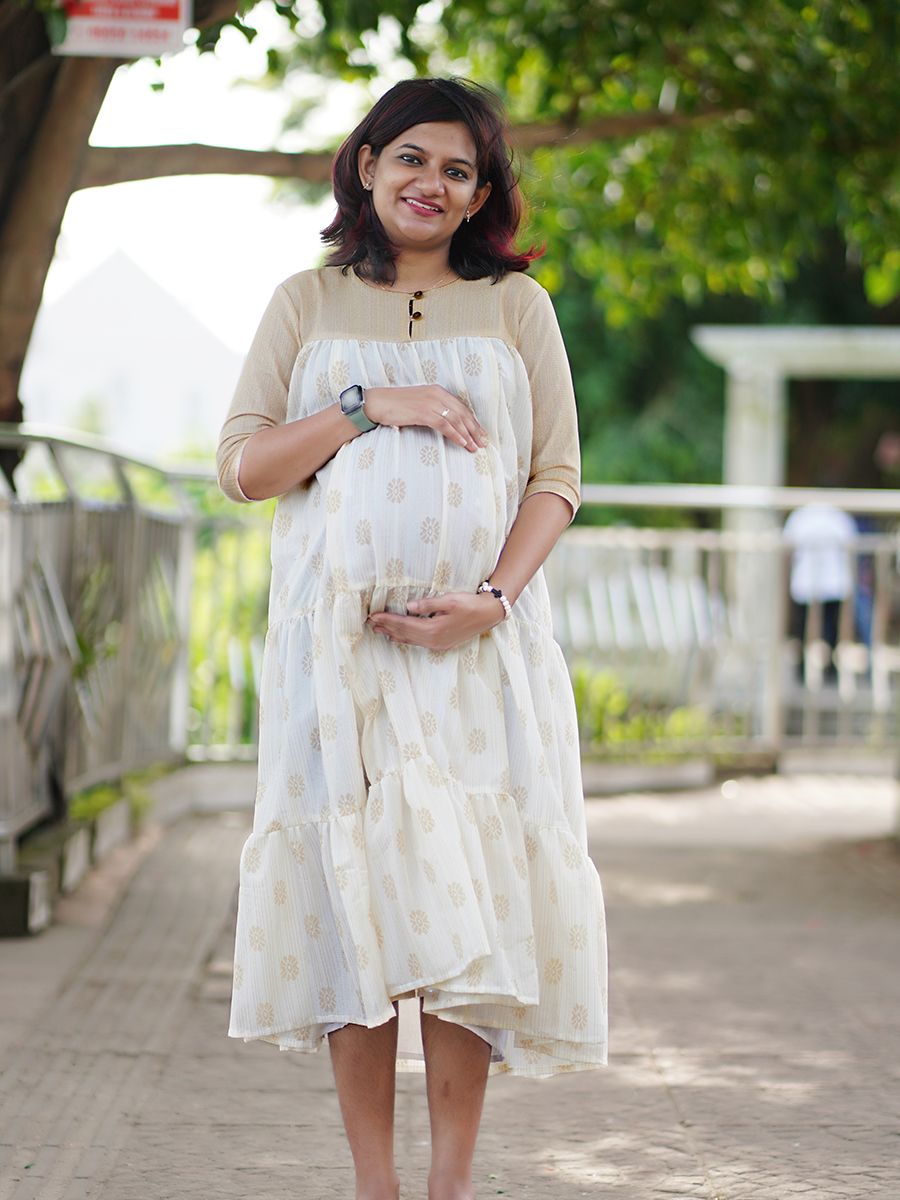 Golden Printed Maternity Short Dress - Onam Ellie Offwhite