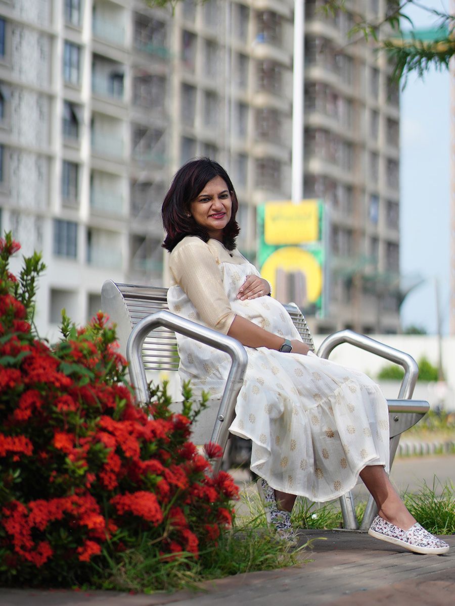 Golden Printed Maternity Short Dress - Onam Ellie Offwhite