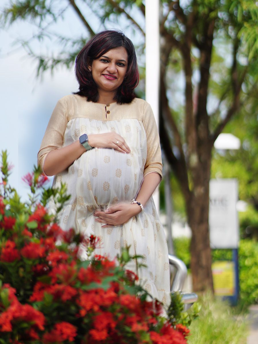 Golden Printed Maternity Short Dress - Onam Ellie Offwhite