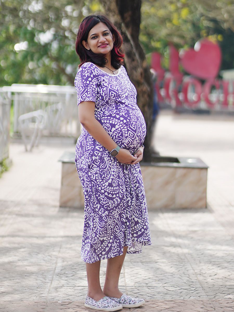 PRINTED KNITTED ZIPLESS MATERNITY SHORT NIGHT WEAR- GILDA VIOLET