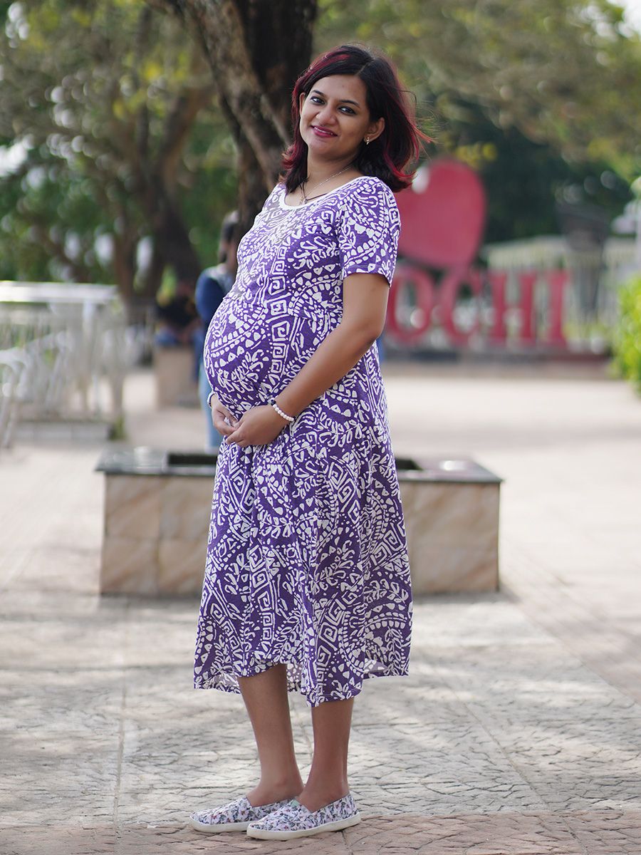 PRINTED KNITTED ZIPLESS MATERNITY SHORT NIGHT WEAR- GILDA VIOLET
