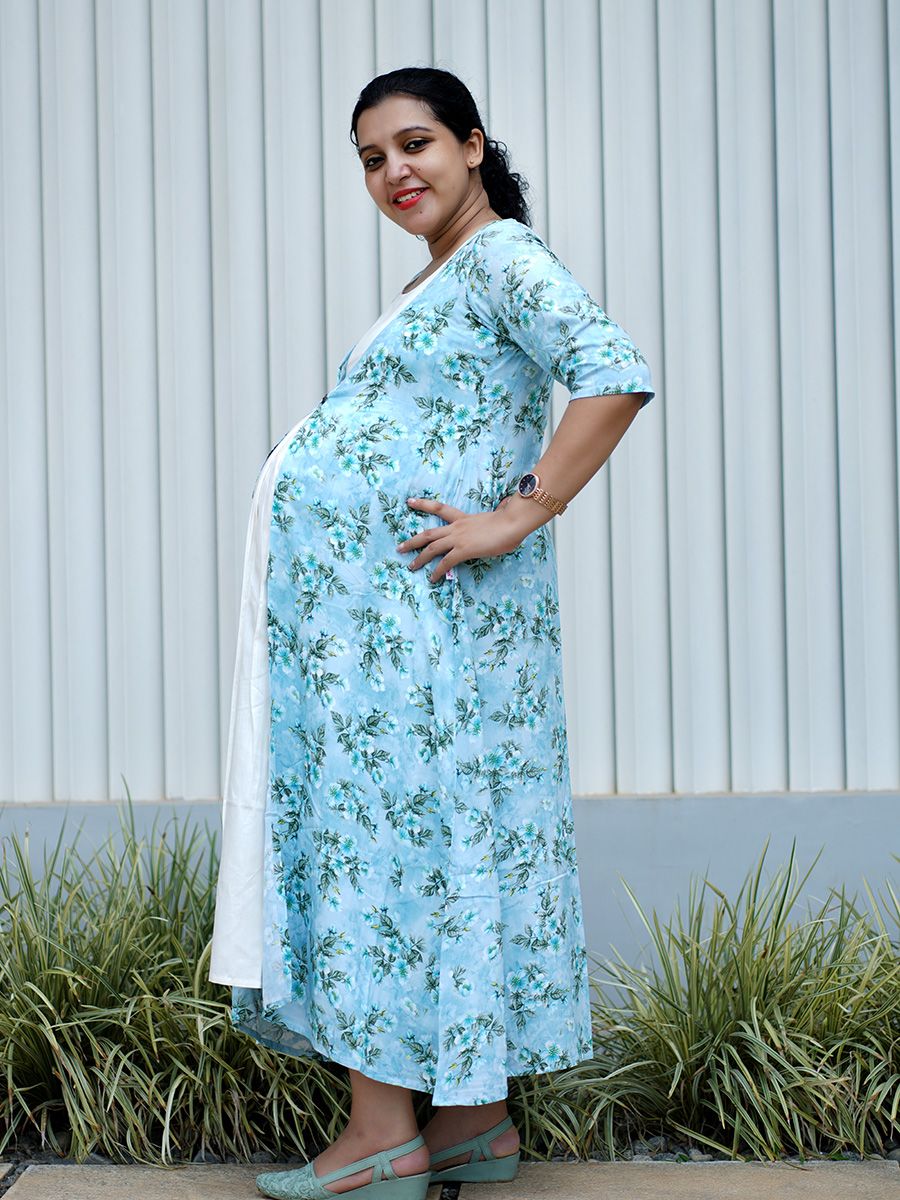 Maternity Floral Printed Jacket with Inner - Rachi Blue