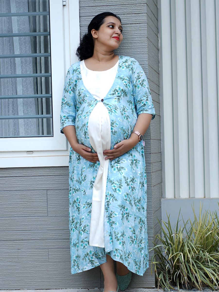 Maternity Floral Printed Jacket with Inner - Rachi Blue