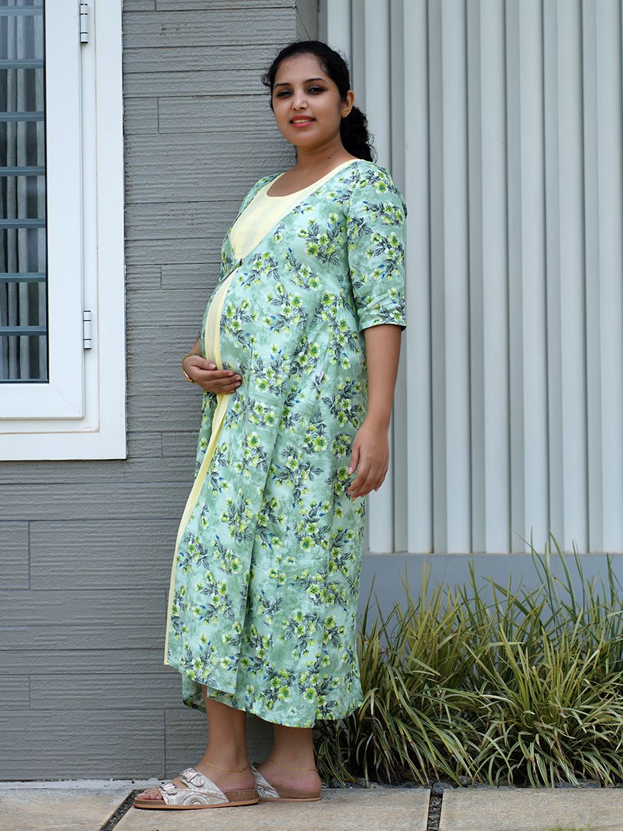 Maternity Floral Printed Jacket with Inner- Rachi L Green