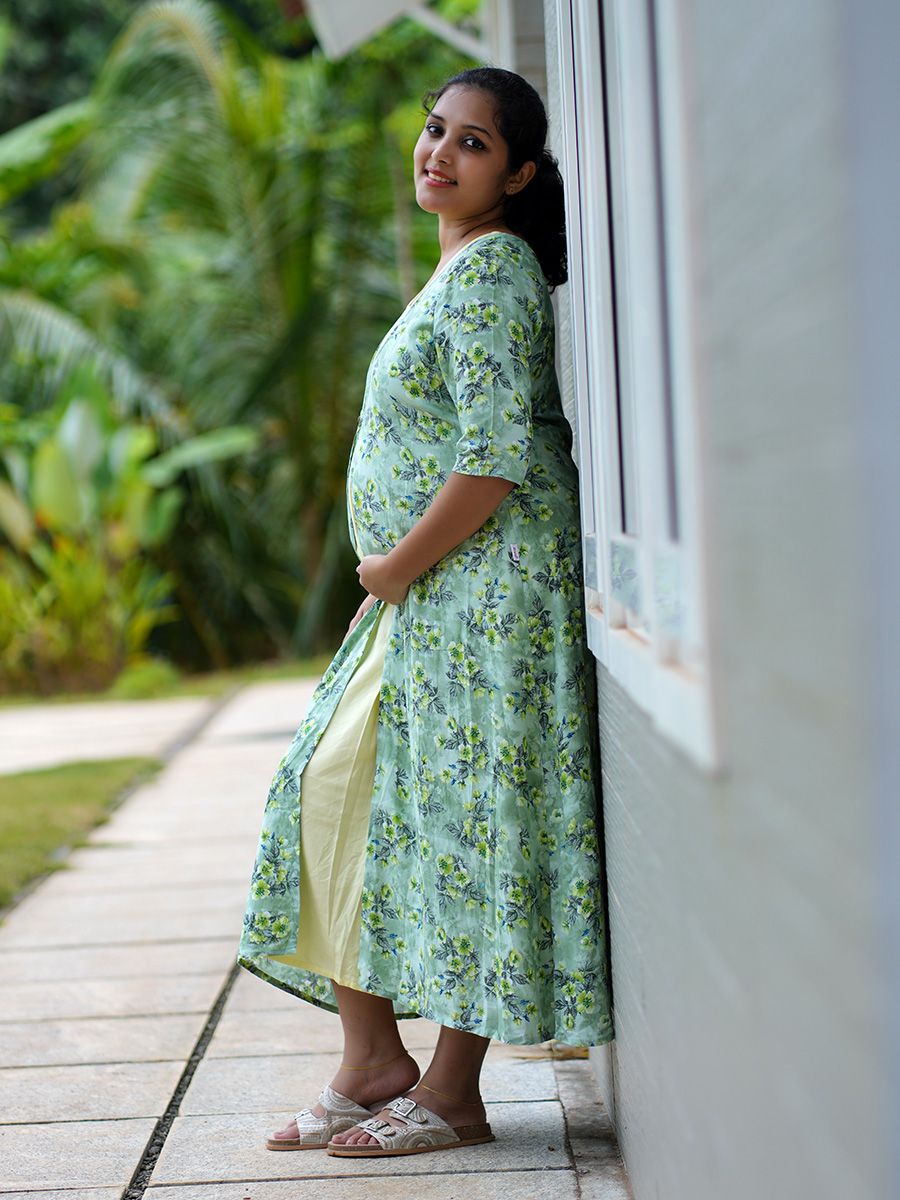 Maternity Floral Printed Jacket with Inner- Rachi L Green