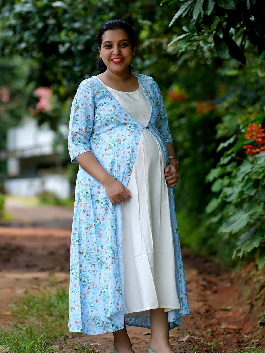 Maternity Floral Printed Jacket with Inner- L Blue