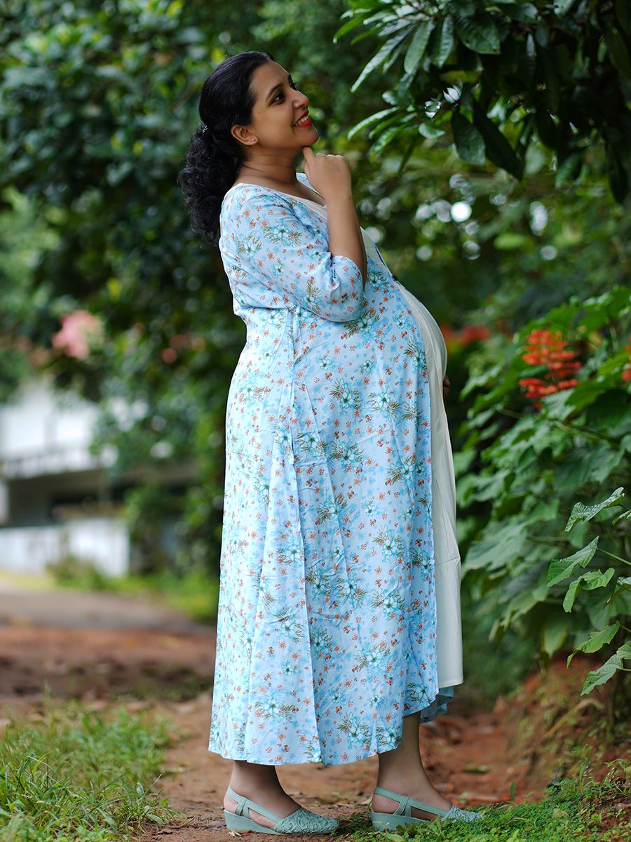 Maternity Floral Printed Jacket with Inner- L Blue