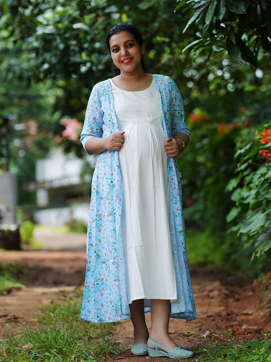 Maternity Floral Printed Jacket with Inner- L Blue