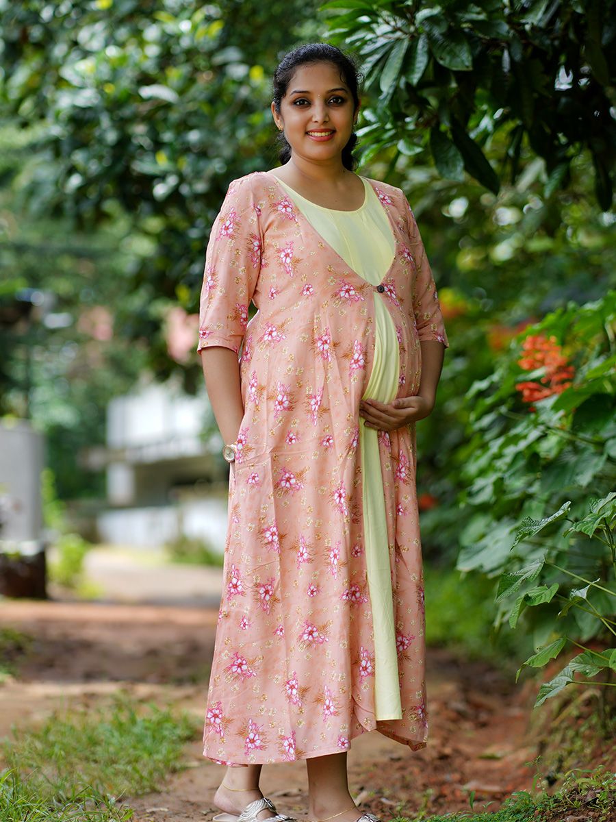 Maternity Floral Printed Jacket with Inner- Rachi Peach