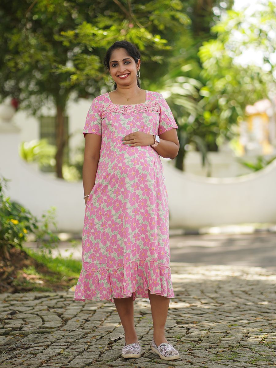 Maternity Short Night Gown- Ezra Pink