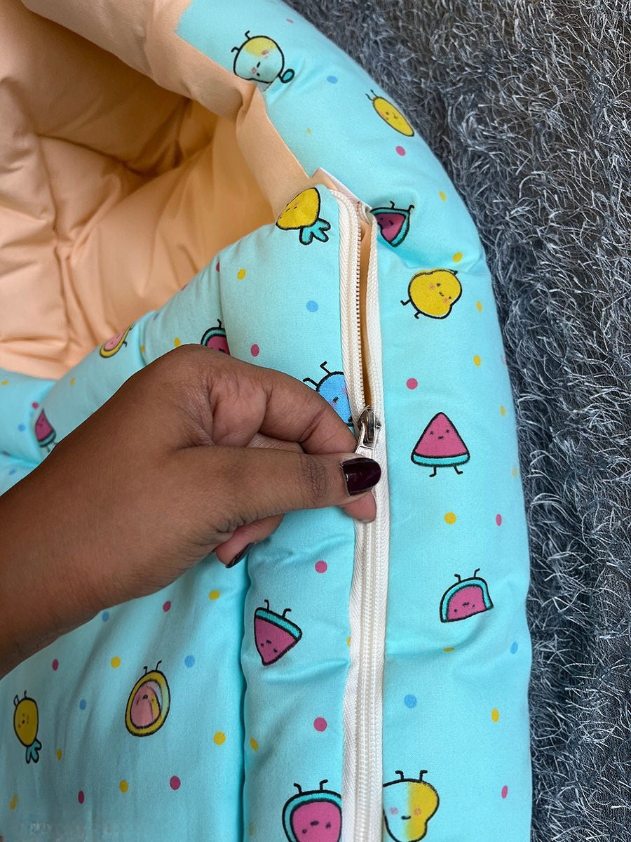 Ziva 3-in-1 Premature Baby Bed – Cotton Carry Nest cum Sleeping Bag (Double Shade Fruit Print- Blue)