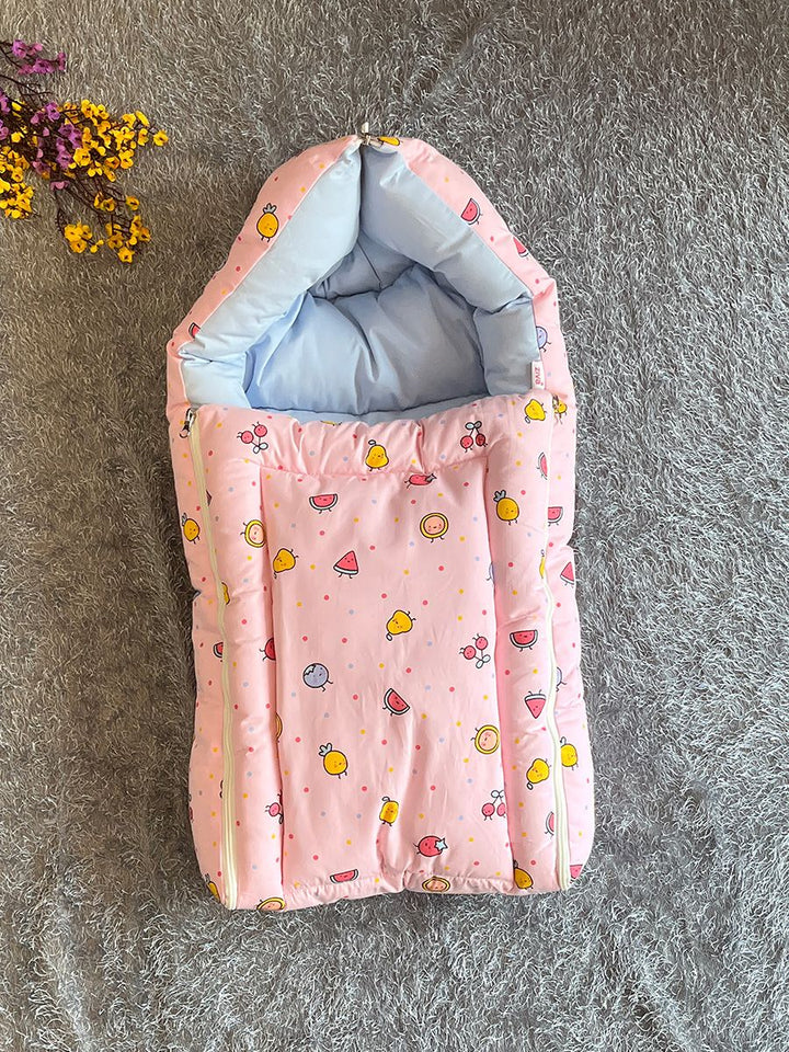 Ziva 3-in-1 Premature Baby Bed – Cotton Carry Nest cum Sleeping Bag (Double Shade Fruit Print- Pink)