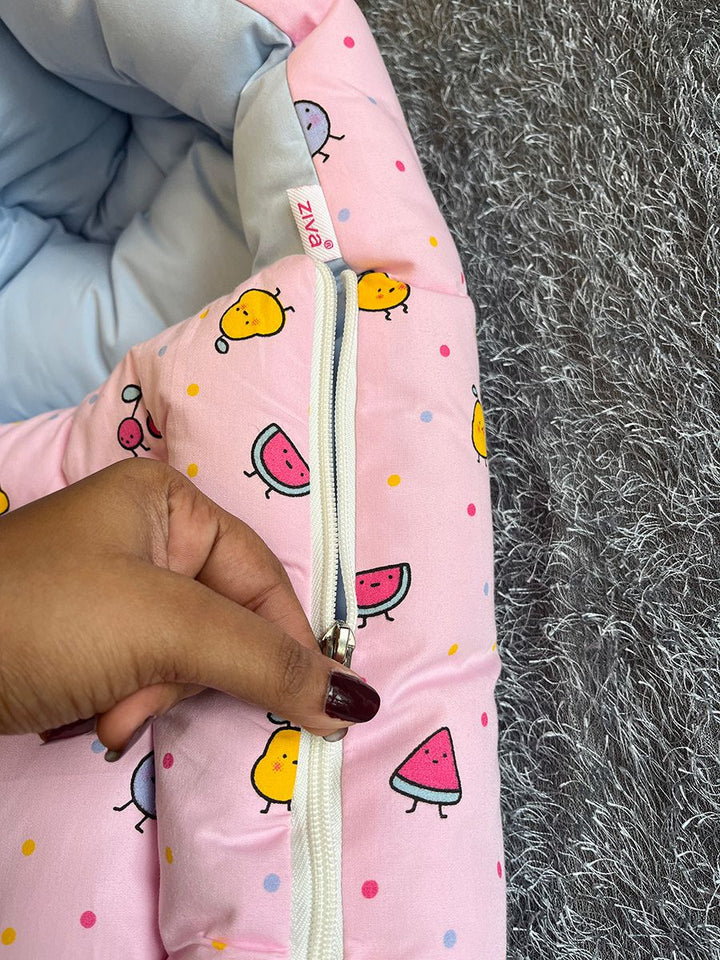 Ziva 3-in-1 Premature Baby Bed – Cotton Carry Nest cum Sleeping Bag (Double Shade Fruit Print- Pink)