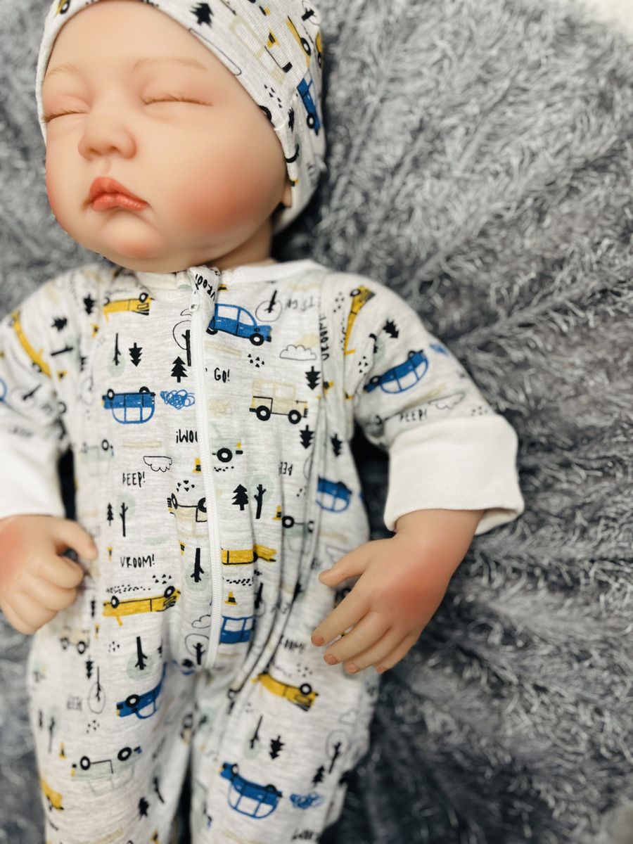 Baby Sleepsuit/Cap Boy Car Print - Grey