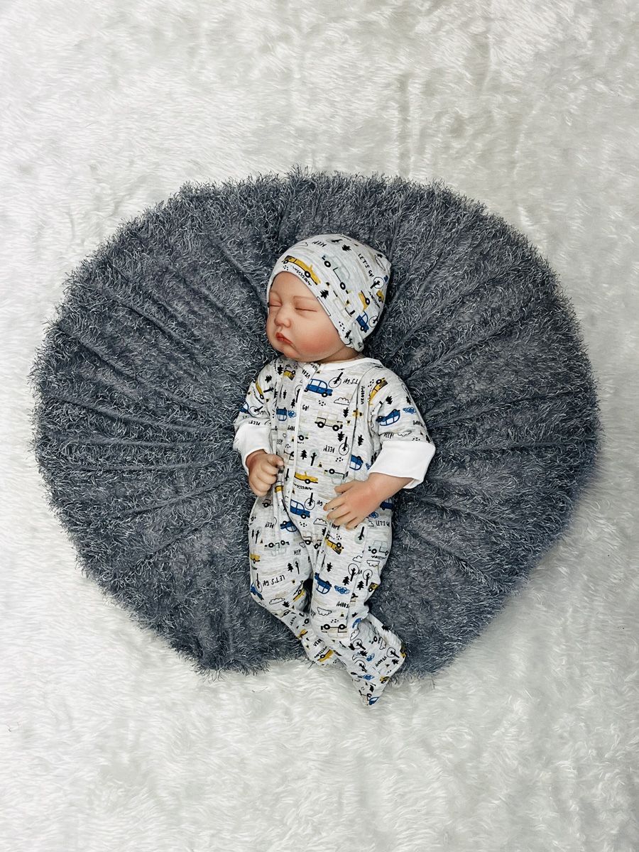 Baby Sleepsuit/Cap Boy Car Print - Grey