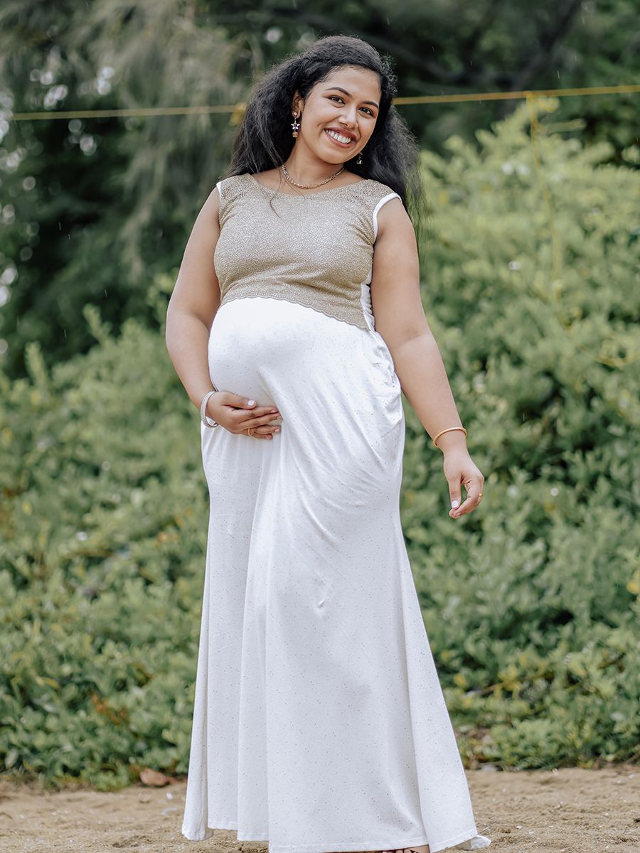Maternity photoshoot gown knit offwhite+golden