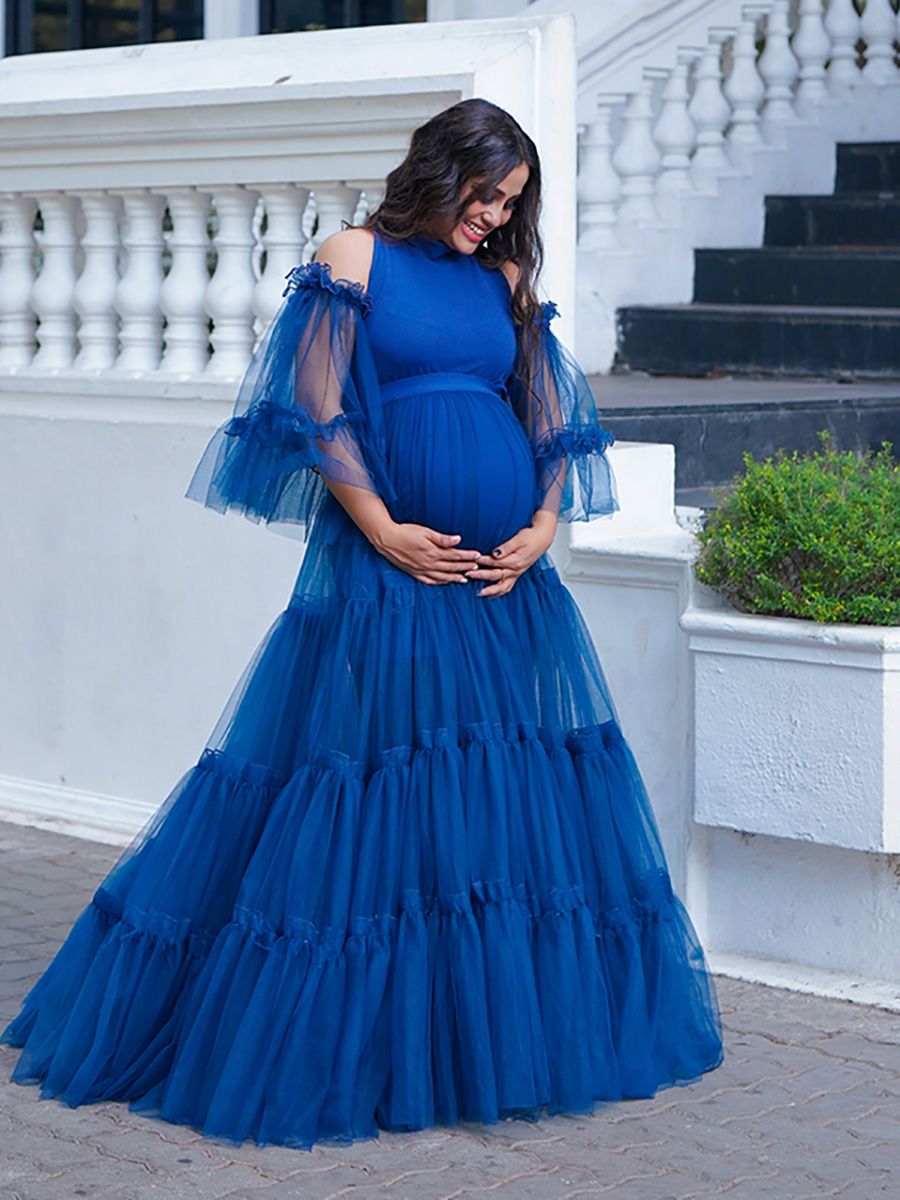 Maternity Photoshoot Knit + Net Gown Peacock blue ZIVAMOMS Maternity Photoshoot Knit + Net Gown Peacock blue ZIVAMOMS