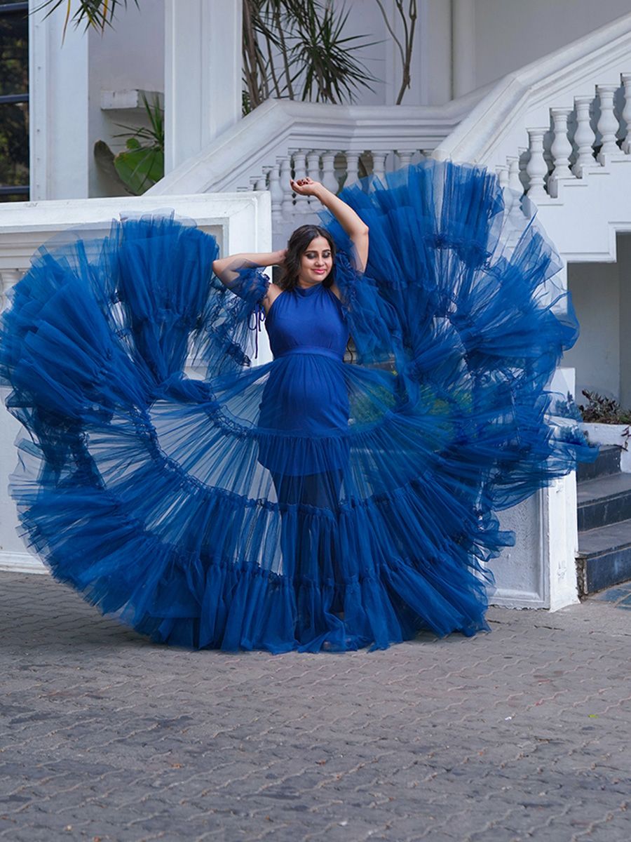 Maternity Photoshoot Knit + Net Gown Peacock blue