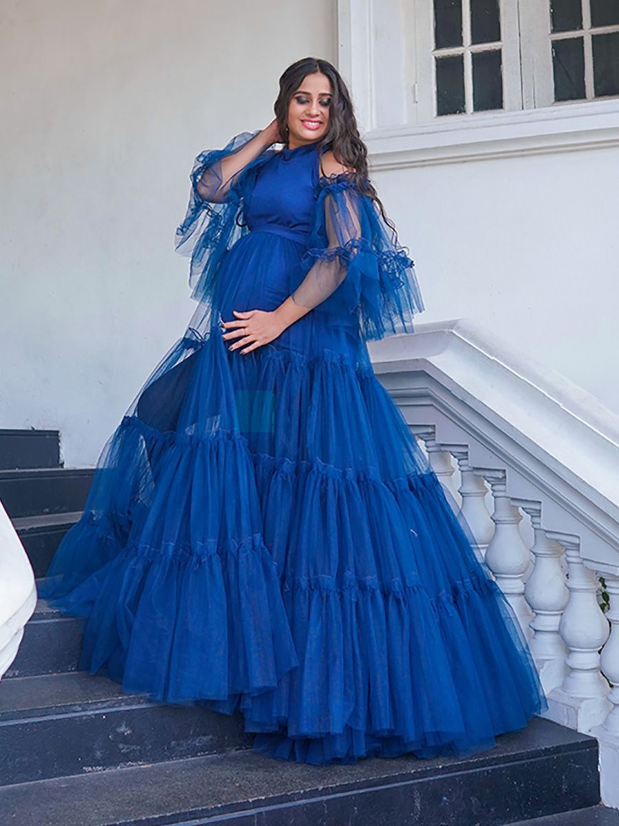 Maternity Photoshoot Knit + Net Gown Peacock blue