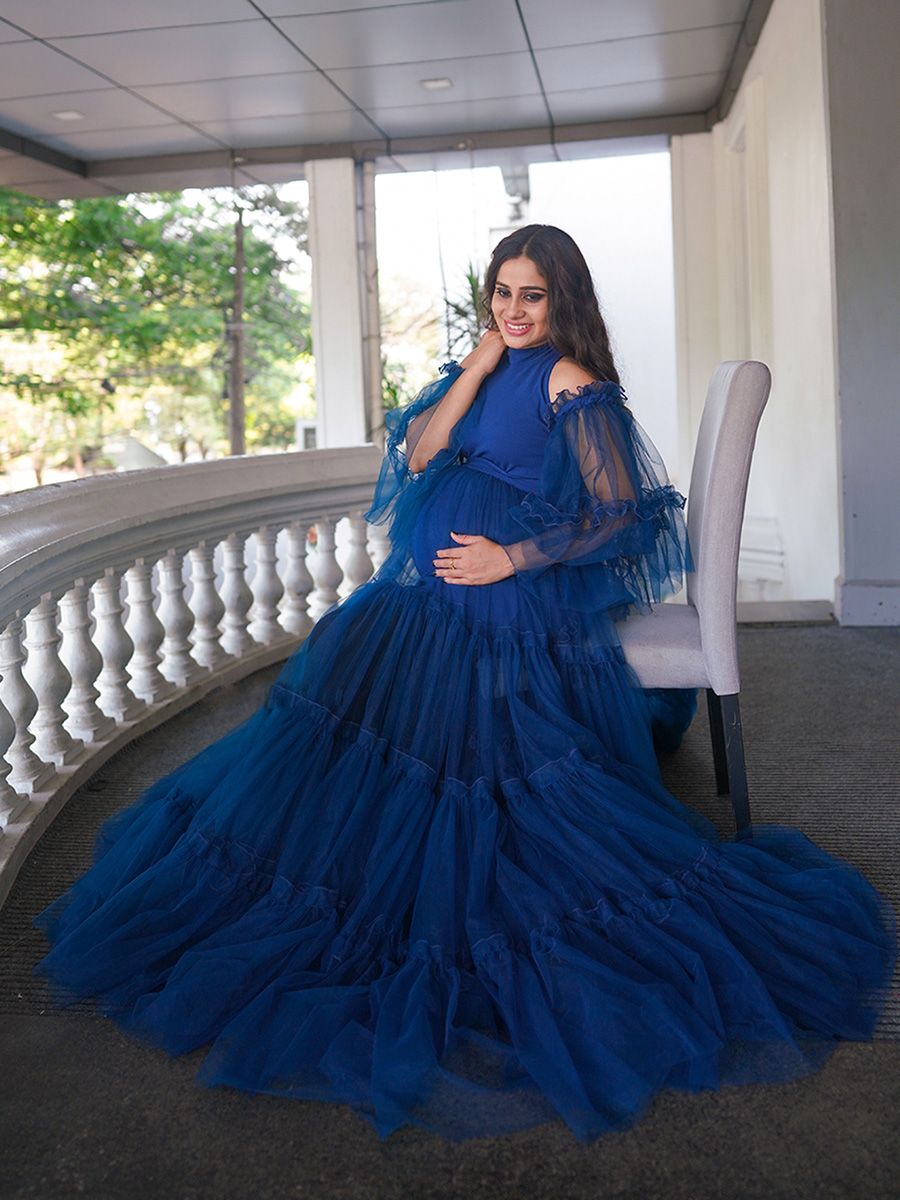 Maternity Photoshoot Knit + Net Gown Peacock blue