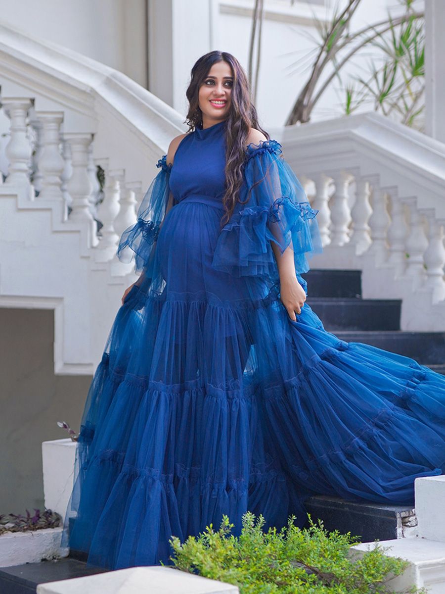 Maternity Photoshoot Knit + Net Gown Peacock blue