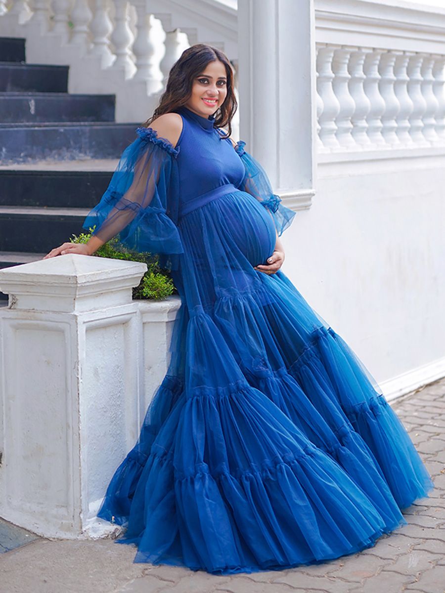 Maternity Photoshoot Knit + Net Gown Peacock blue