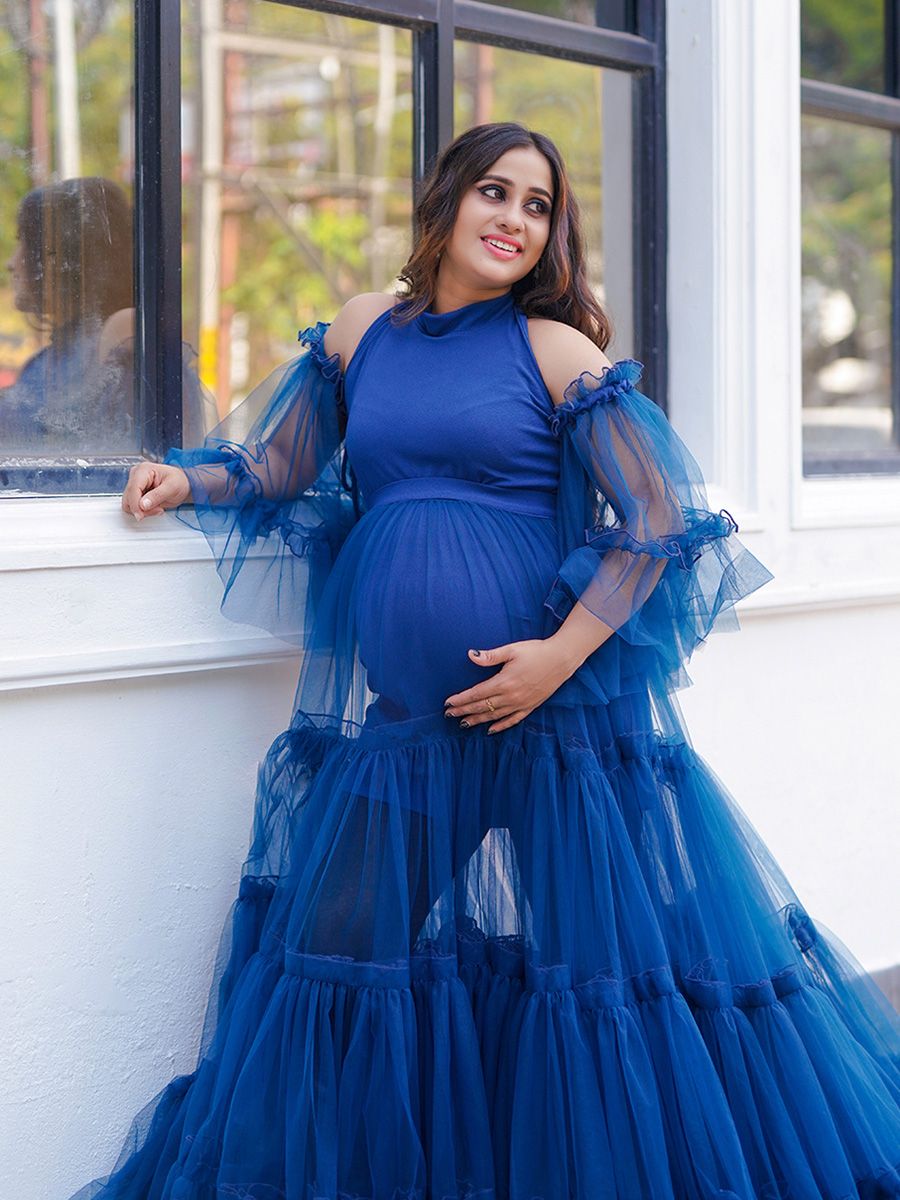 Maternity Photoshoot Knit + Net Gown Peacock blue