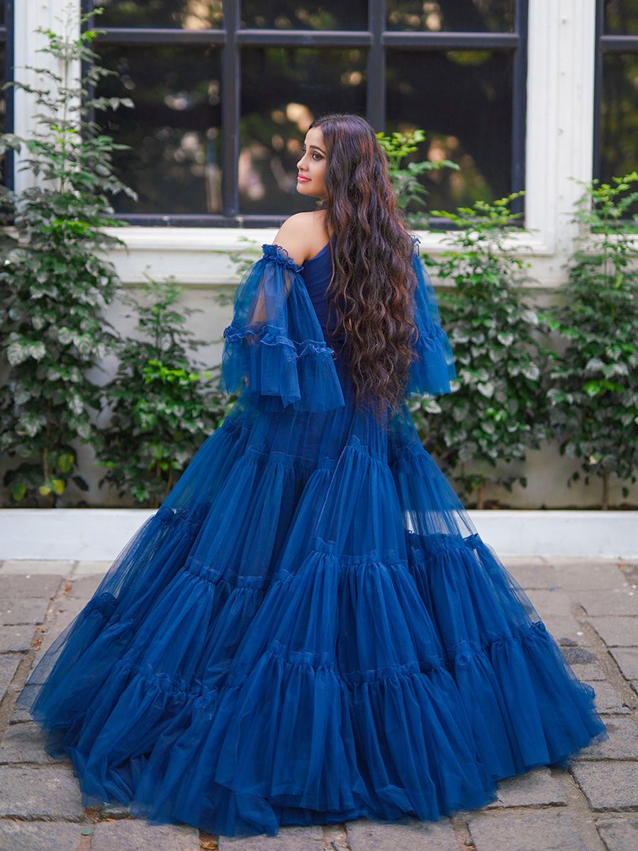 Maternity Photoshoot Knit + Net Gown Peacock blue