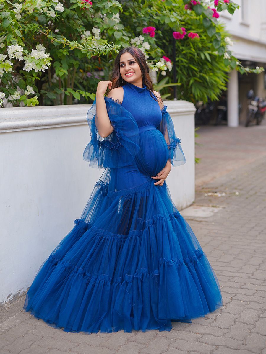 Maternity Photoshoot Knit + Net Gown Peacock blue