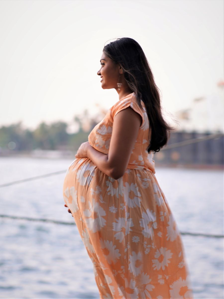 Maternity Full Gown- Floral   (Light Orange)