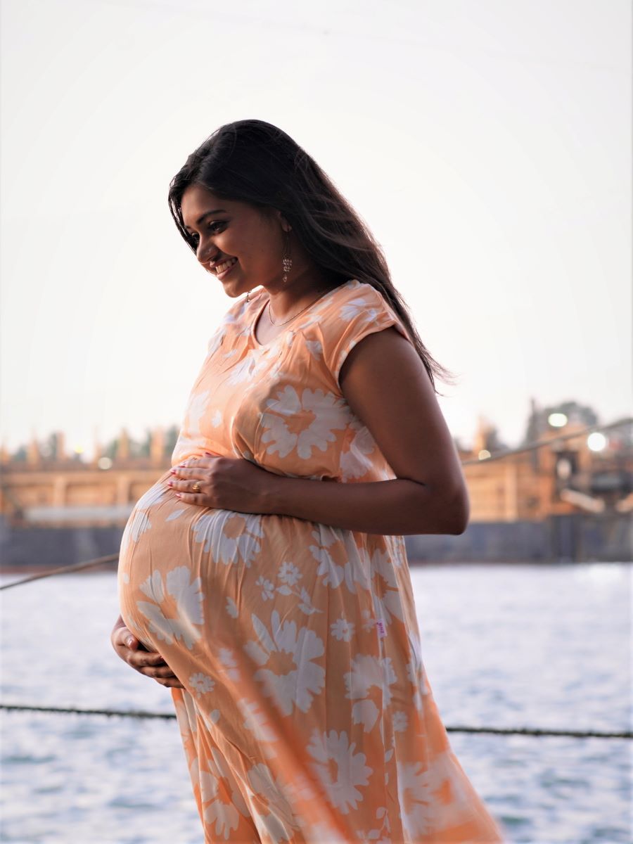 Maternity Full Gown- Floral   (Light Orange)