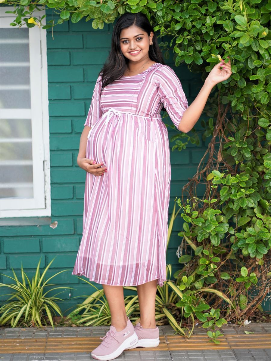 Maternity Short Dress- Lines (Light Purple)