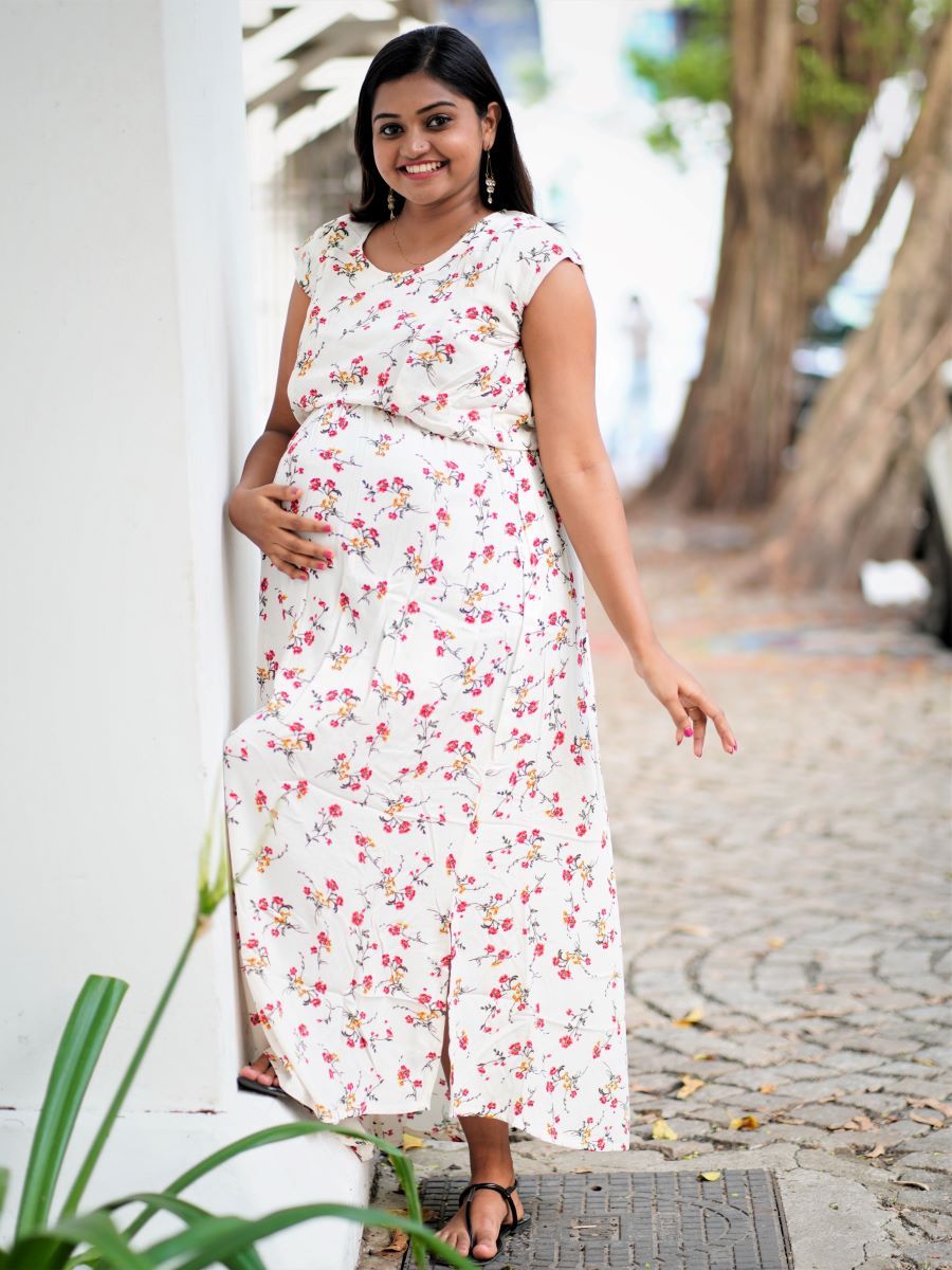 Maternity Full Gown- Floral   (Off white)