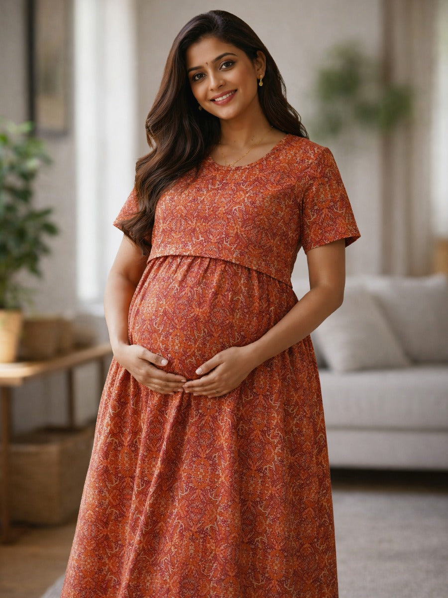 Ziva Deep Maroon Paisley Zipless Nursing & Maternity Gathered Dress with Pockets