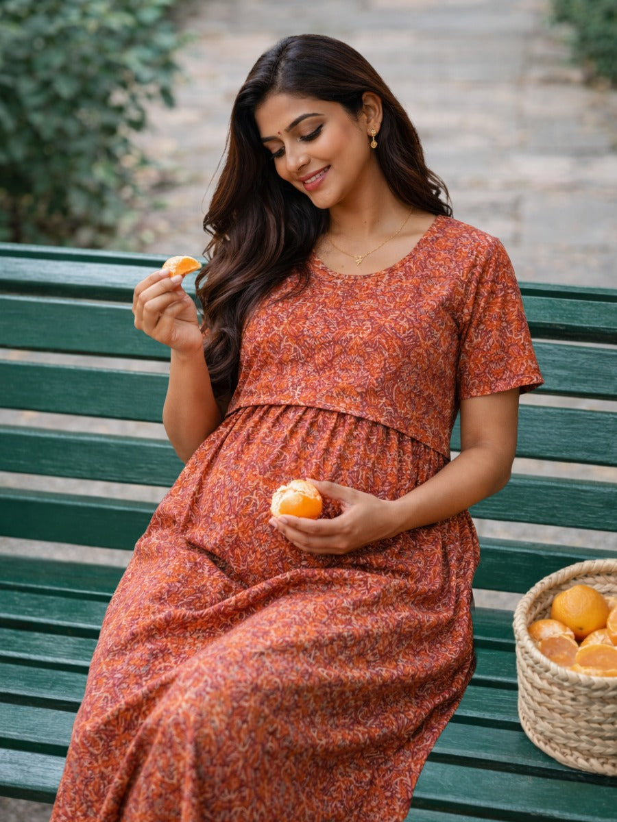 Ziva Deep Maroon Paisley Zipless Nursing & Maternity Gathered Dress with Pockets