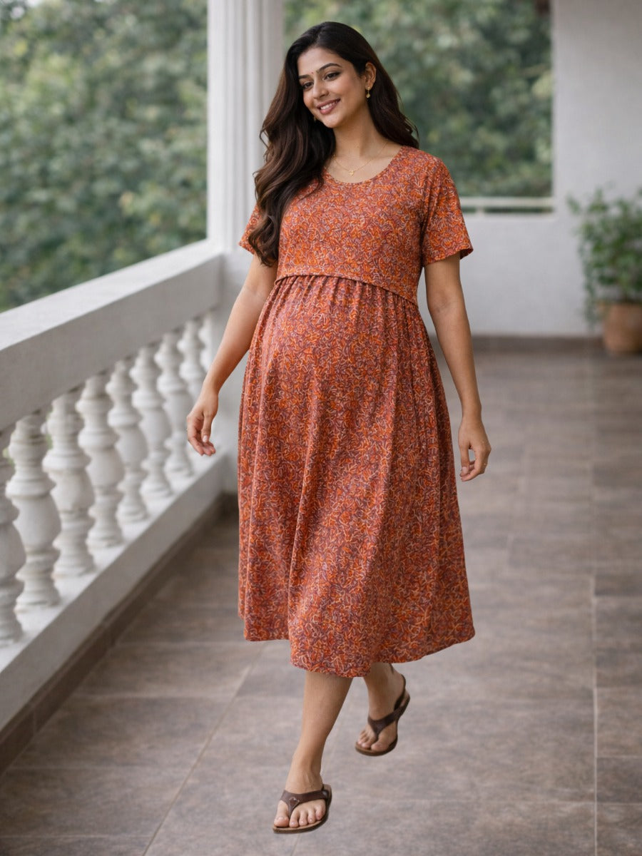 Ziva Deep Maroon Paisley Zipless Nursing & Maternity Gathered Dress with Pockets