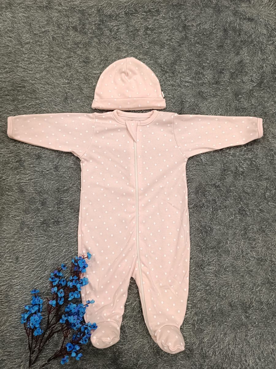 Baby Sleepsuit/ Cap Girl- Pink dot