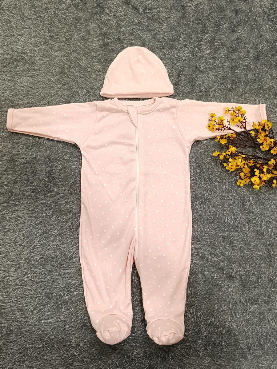 Baby Sleepsuit/ Cap Girl- Pink Star