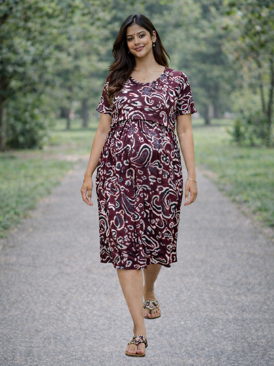 Ziva Maroon Abstract Paisley Zipless Nursing & Maternity Gathered Dress with Pockets