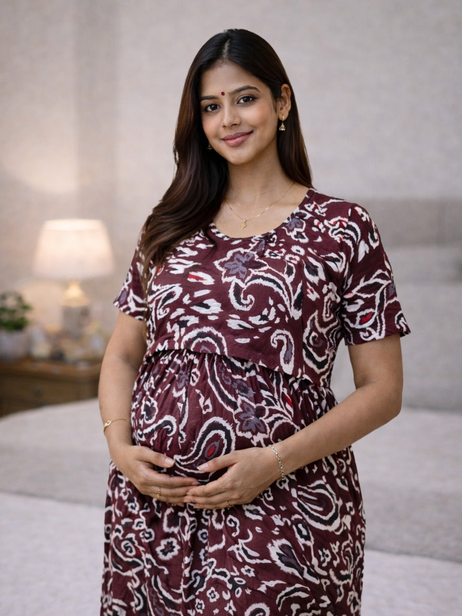 Ziva Maroon Abstract Paisley Zipless Nursing & Maternity Gathered Dress with Pockets