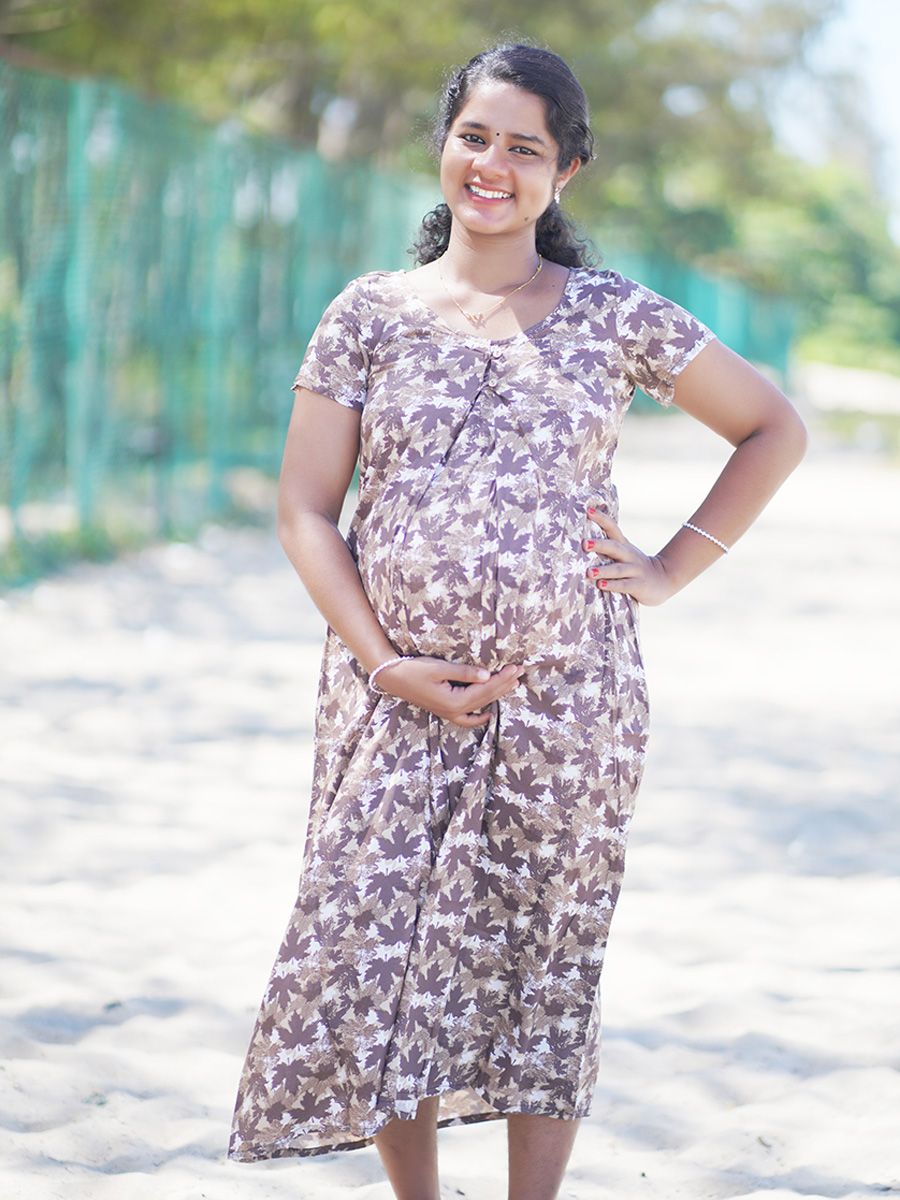 Maternity Short Night Gown- (Brown Prints)